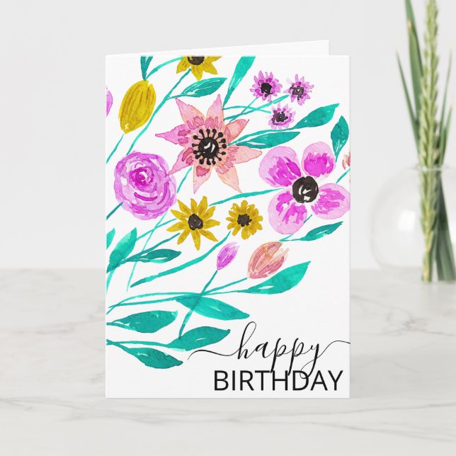 Summer Pink Yellow Floral Watercolor Birthday Card (Front)
