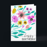 Summer Pink Yellow Floral Watercolor Birthday Card<br><div class="desc">This elegant and modern happy birthday card design is perfect for the classy and stylish woman. The design features a hand-painted mustard yellow, coral, pink, magenta, and teal green flowers and leaves on top of a white background. It's an artsy, pretty, country, girly, and summer floral design. ***IMPORTANT DESIGN NOTE:...</div>