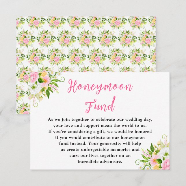 Summer Pink Yellow Floral Wedding Honeymoon Fund Enclosure Card (Front/Back)