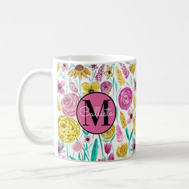 Summer Pink Yellow Flowers Watercolor Monogram Coffee Mug (Left)