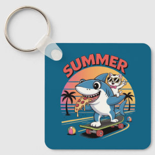 Summer pizza with shark and cat key ring