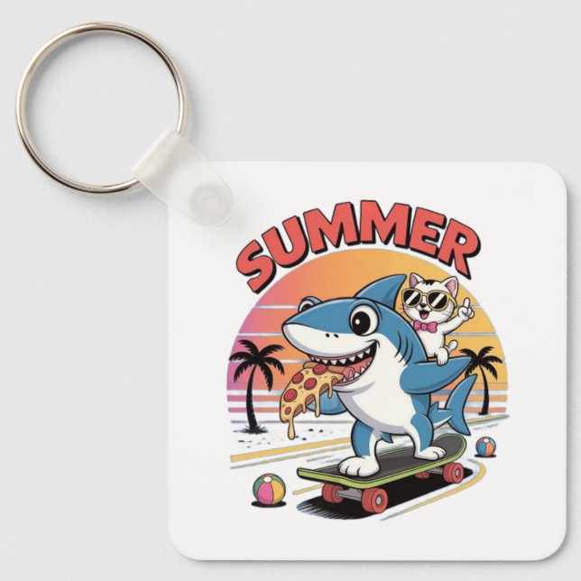 Summer pizza with shark and cat key ring (Front)