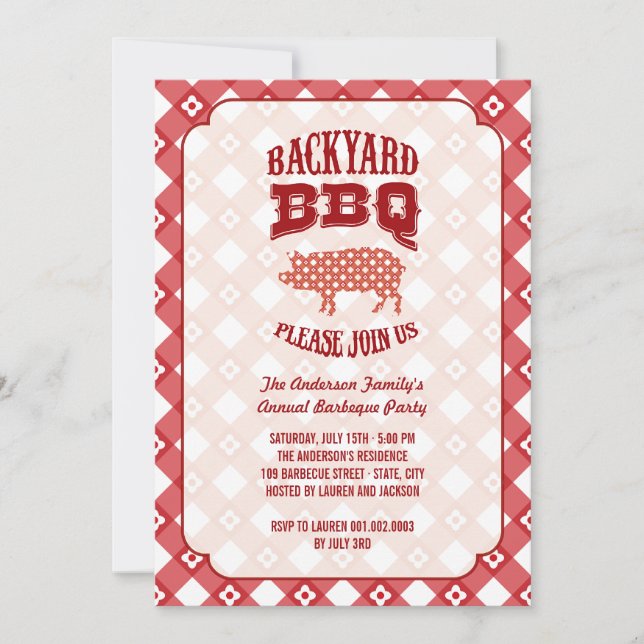 Summer Plaid Pig Roast Backyard Barbecue BBQ Party Invitation (Front)