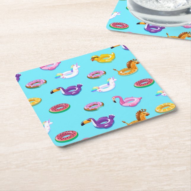 Summer Pool Float Pattern Square Paper Coaster (Angled)
