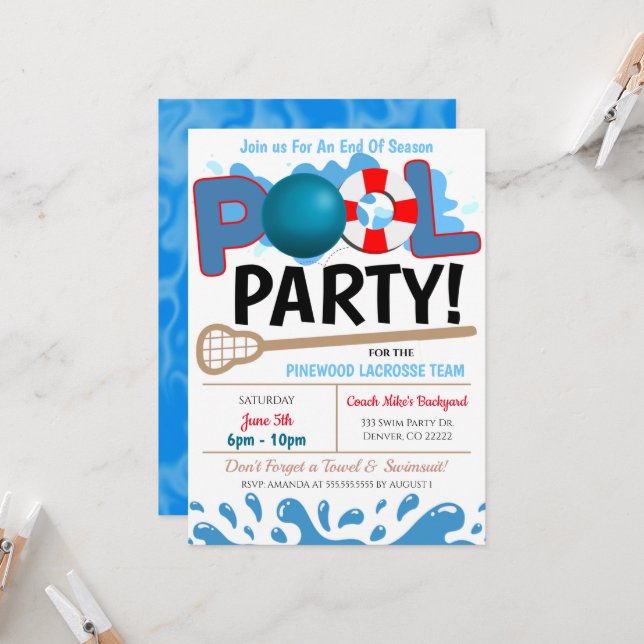 Summer Pool Lacrosse Party Invitation (Front/Back In Situ)