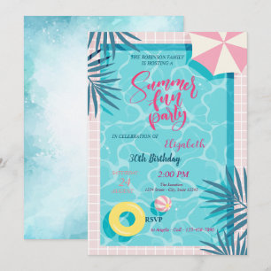 Summer Pool Palm Leaf Birthday Party Invitation
