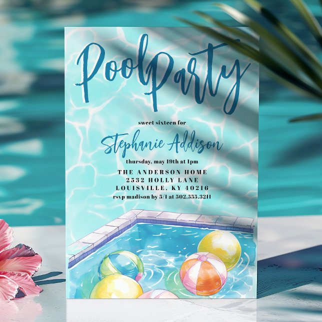Summer Pool Party Beach Ball Sweet 16 Birthday Invitation (Creator Uploaded)