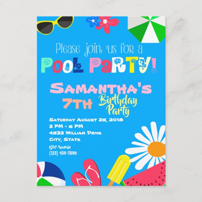 Summer Pool Party Birthday Beach Ball Sunglasses I Postcard (Front)
