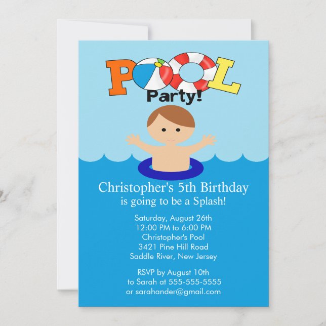 Summer POOL Party Birthday Invitation Boy (Front)