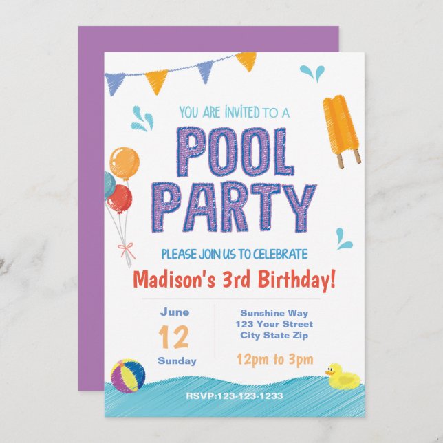 Summer Pool Party Birthday Invite (Front/Back)