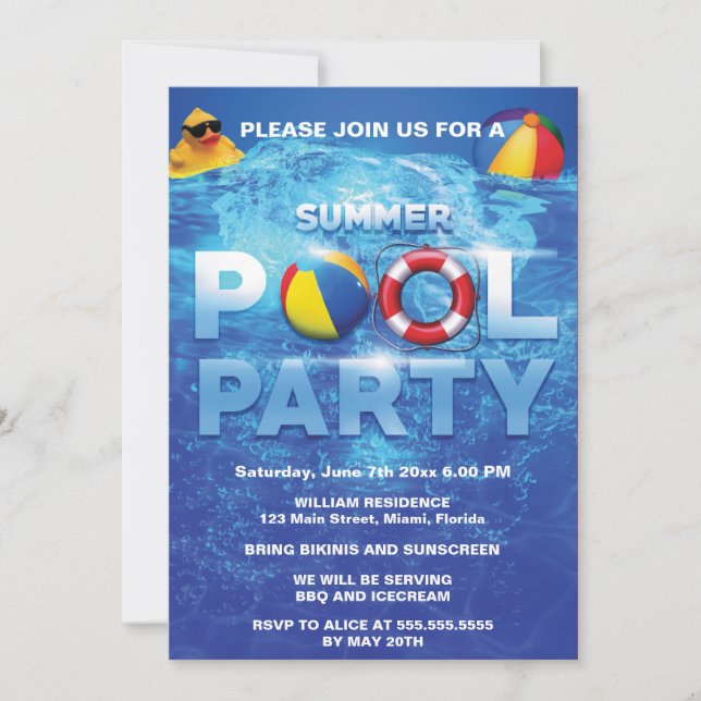 Summer Pool Party Blue Invitation (Front)