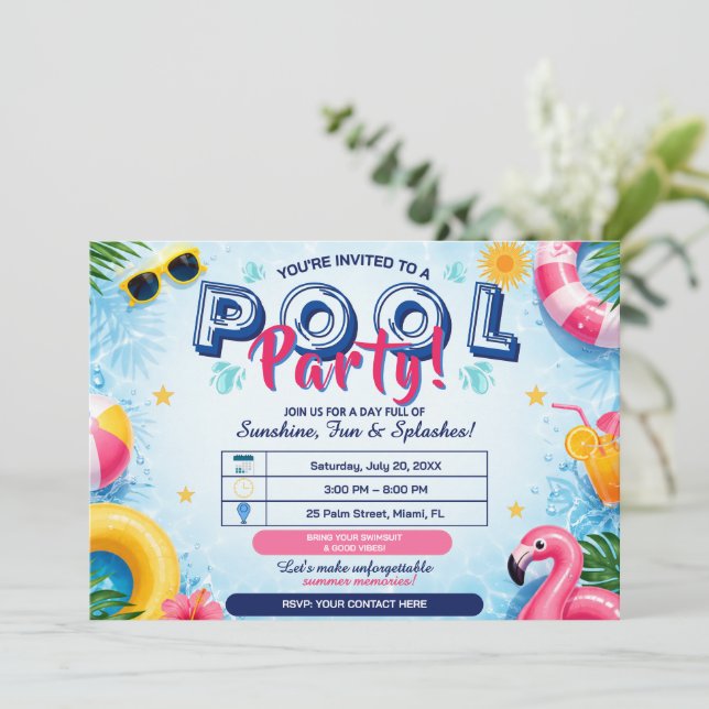 Summer Pool Party Bright Fun Editable Invitation (Standing Front)
