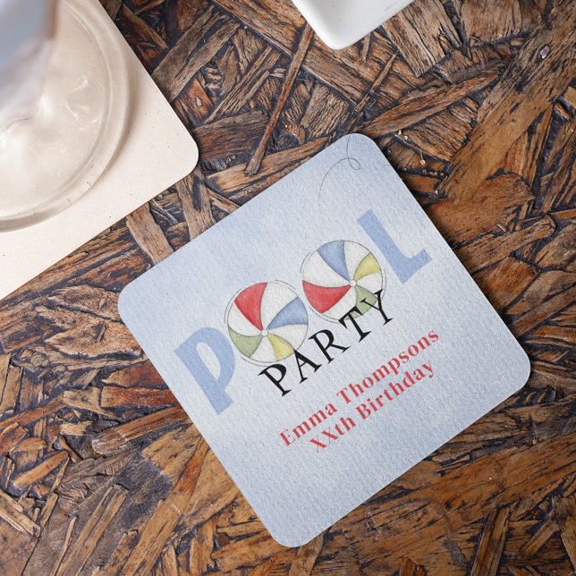 Summer Pool Party Colourful Beach  Square Paper Coaster (Pool party beach balls custom paper coaster)