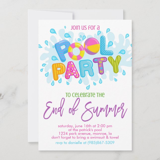 Summer Pool Party, End of the School Year Party Invitation (Front)
