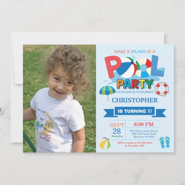 Summer Pool Party Invitation Splish Splash Boy (Front)