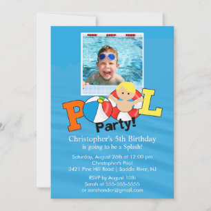 Summer POOL Party PHOTO Birthday Invitation boy