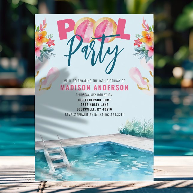 Summer Pool Party Sweet 16 Birthday Invitation (Creator Uploaded)