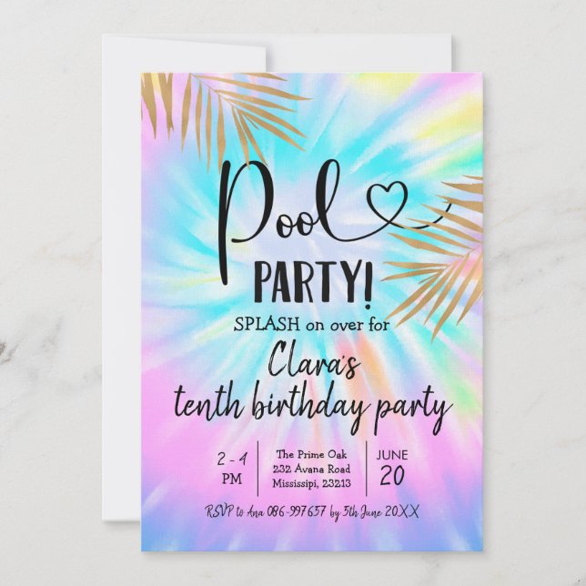 Summer Pool Party Tie Dye Birthday Invitation (Front)