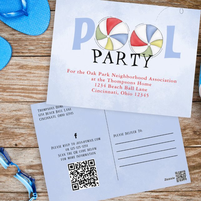 Summer Pool Party Watercolor Custom Postcard (Pool party Custom invitation)