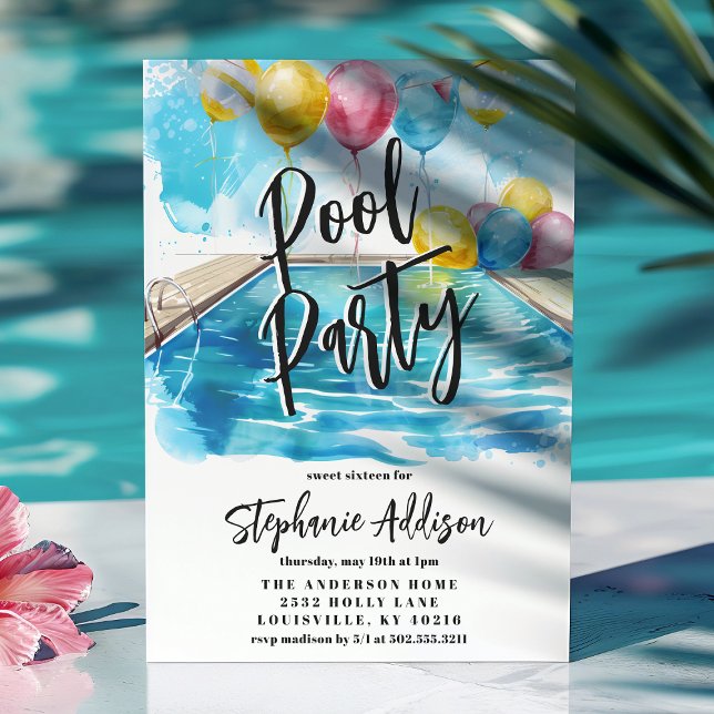 Summer Pool Party Watercolor Sweet 16 Birthday Invitation (Creator Uploaded)