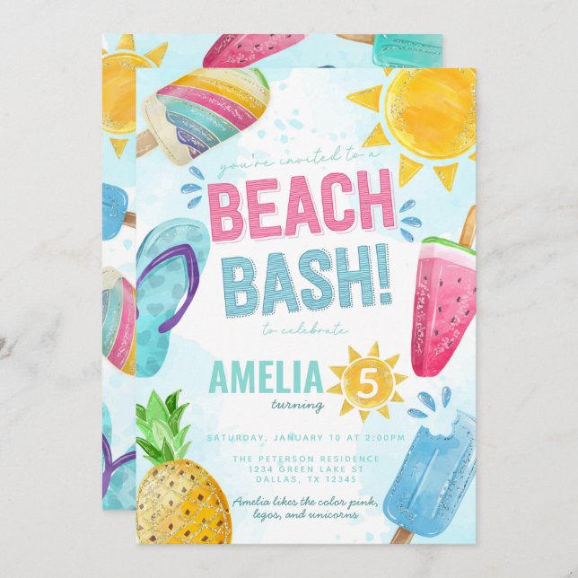Summer Popsicle Beach Bash Birthday Party Invitation (Front/Back)