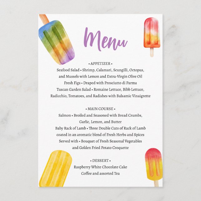 Summer Popsicle Books for Baby Shower Menu (Front)