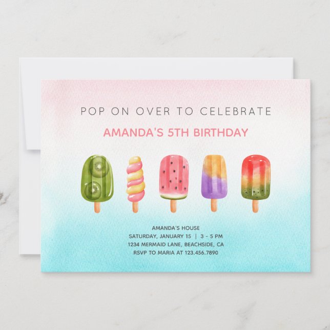 Summer popsicle ice cream birthday party invitation (Front)
