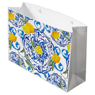 Summer ,Portuguese tiles ,citrus,lemons Mediterran Large Gift Bag