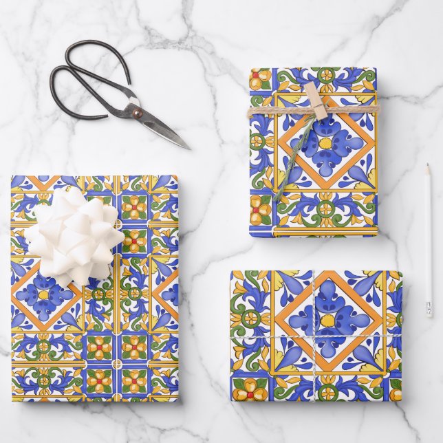 Summer ,Portuguese tiles ,citrus,lemons  Wrapping Paper Sheet (Front)