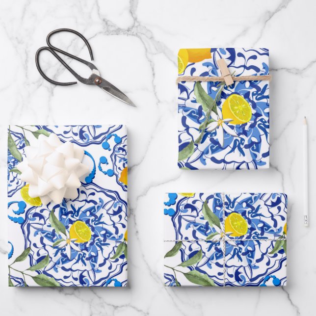 Summer ,Portuguese tiles ,citrus,lemons Wrapping Paper Sheet (Front)