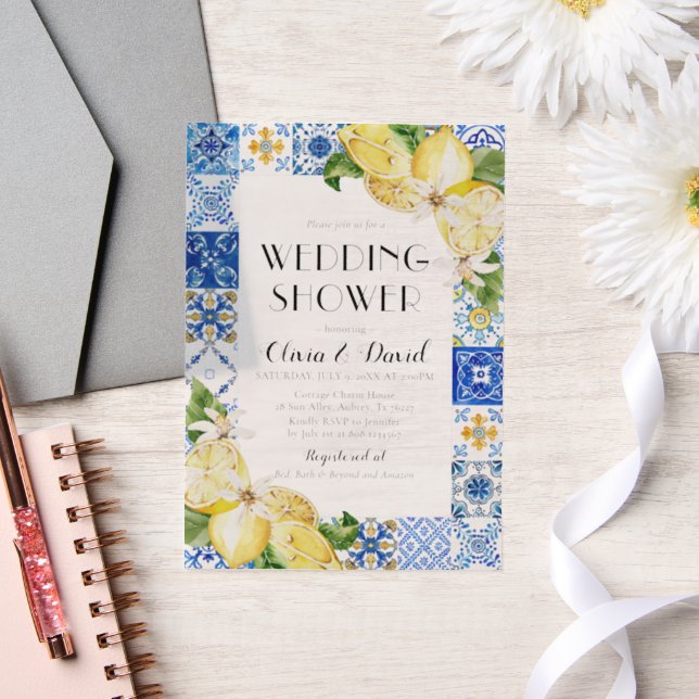 Summer Positano Blue Tiles Lemons Wedding Shower Vellum Invitations (Wedding)