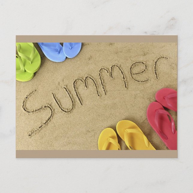 Summer Postcard (The word "Summer" is written in the sand, with the letters appearing to be etched or drawn.)