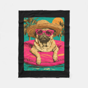 Summer pug with sunglasses cute dog tropical pool fleece blanket