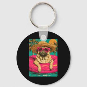 Summer Pug With Sungles Cute Dog Tropical Pool Key Ring