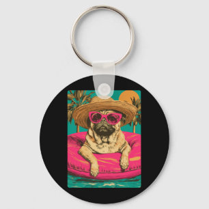 Summer Pug With Sungles Cute Dog Tropical Pool Key Ring
