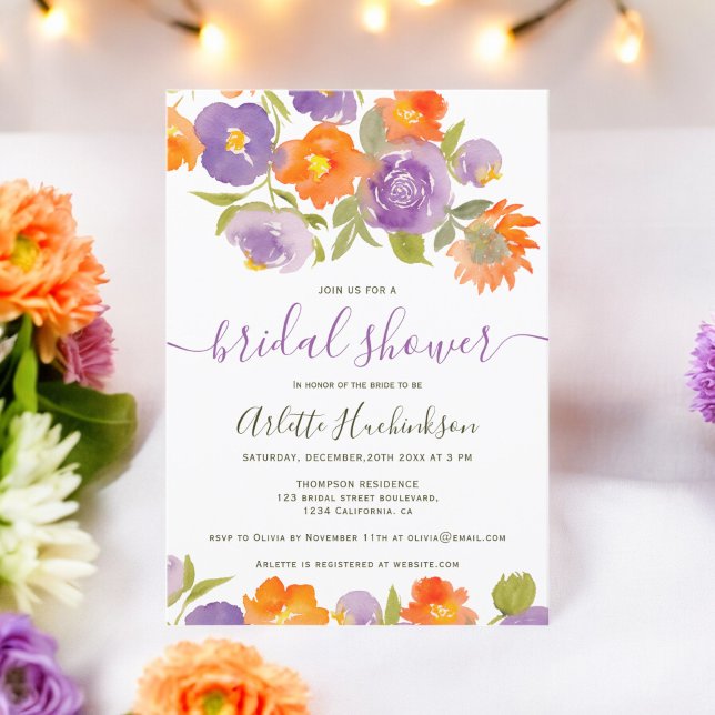 Summer Purple Orange Floral Boho Bridal Shower  Invitation (Summer Purple Orange Floral Boho Bridal Shower Invitation)