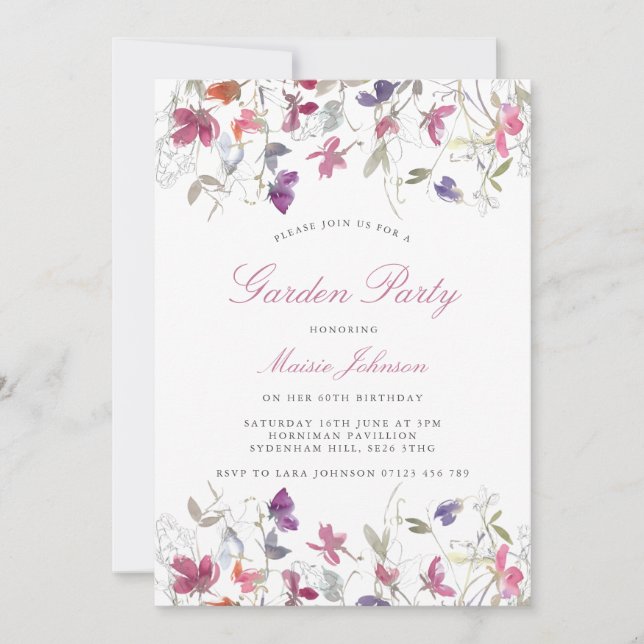 Summer Purple Sweet Pea Garden Party Birthday Invitation (Front)