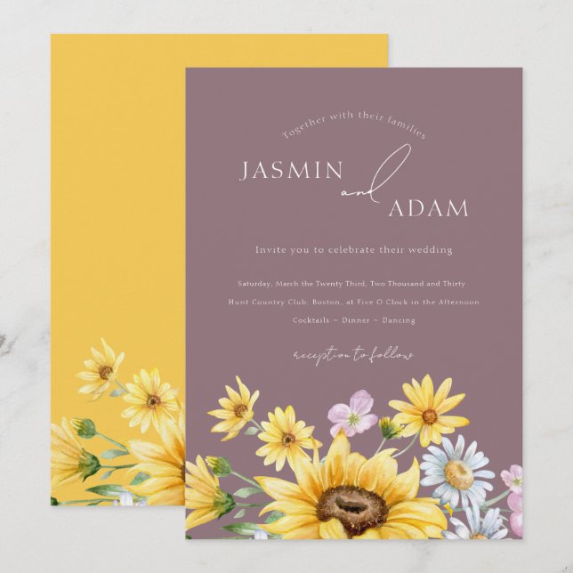 Summer Purple Yellow Sunflowers Floral Wedding Invitation (Front/Back)