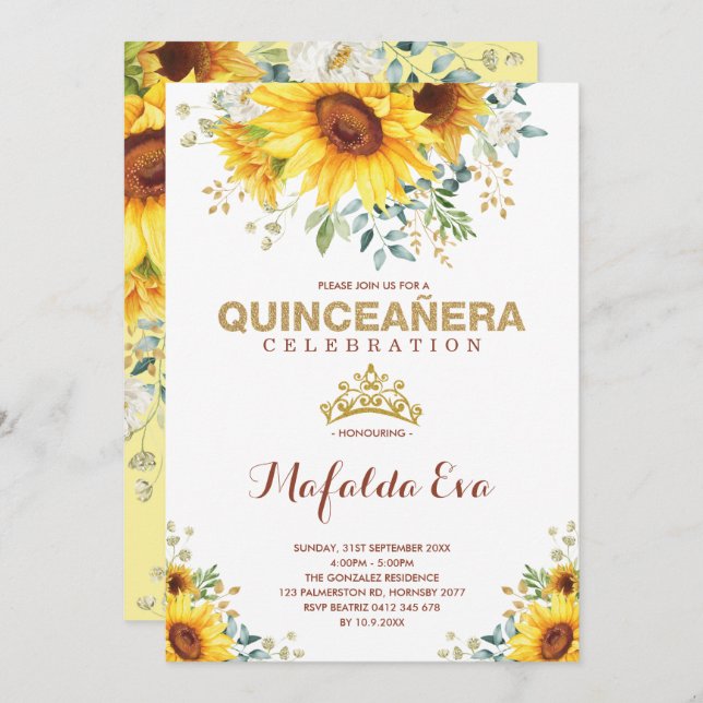 Summer Quinceanera Garden Sunflowers 15th Birthday Invitation (Front/Back)