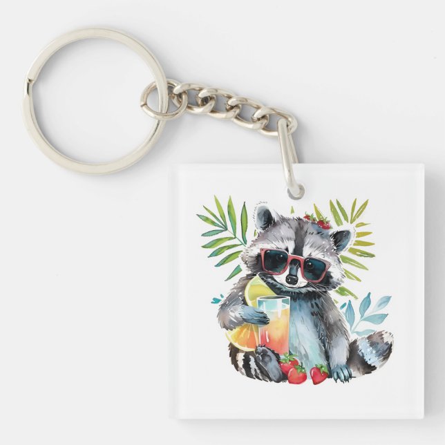 Summer racoon in sunglasses beach chillout key ring (Front)