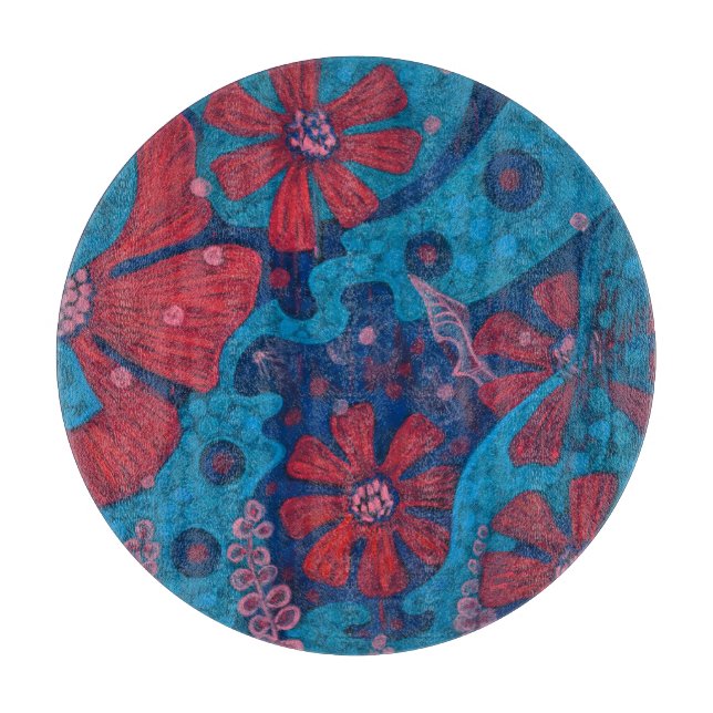 Summer Rain Fantasy Flowers Blue Pink Floral Art Cutting Board (Front)