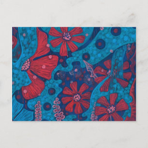 Summer Rain Fantasy Flowers Blue Pink Floral Art Postcard