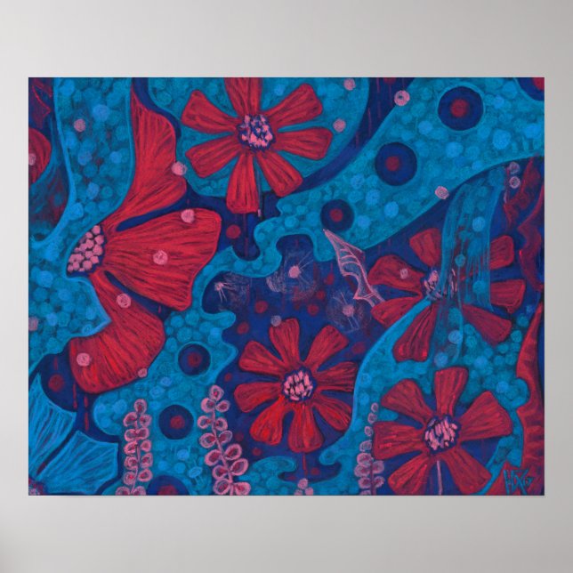 Summer Rain Fantasy Flowers Blue Pink Floral Art Poster (Front)