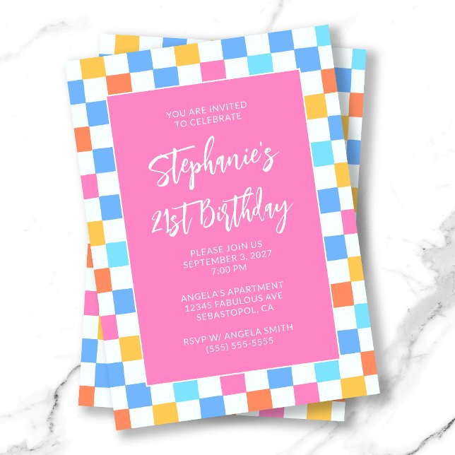 Summer Rainbow Check Bold 21st Birthday Invitation (Summer Rainbow Check Bold 21st Birthday Invitation)