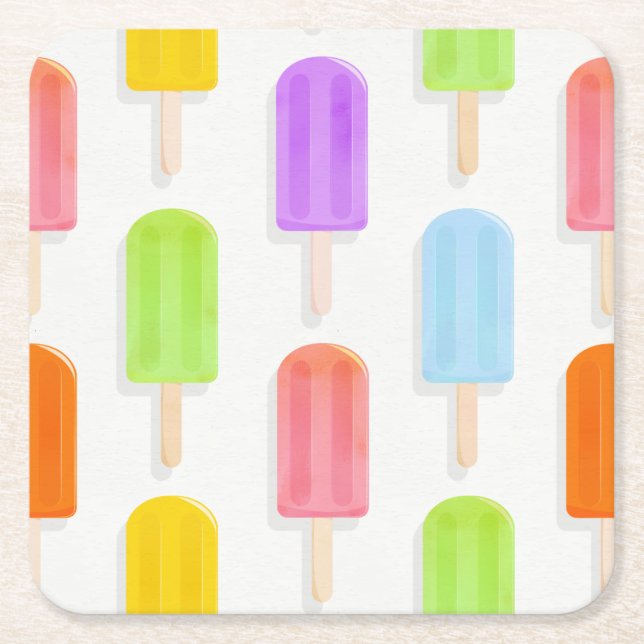 Summer Rainbow Popsicles Pattern Square Paper Coaster (Front)