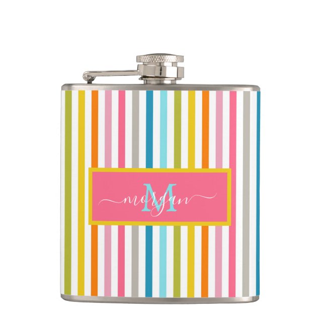 Summer Rainbow Stripes Monogram Script Hip Flask (Front)