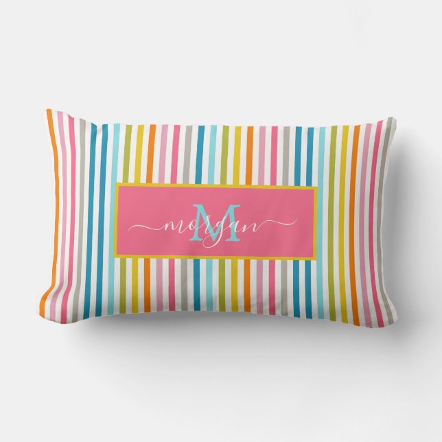 Summer Rainbow Stripes Monogram Script Lumbar Cushion (Front)