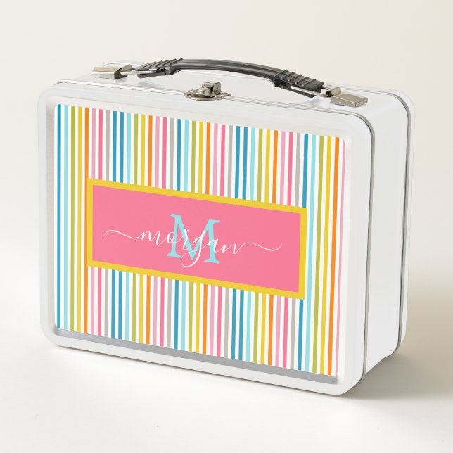Summer Rainbow Stripes Monogram Script Metal Lunch Box (Front)
