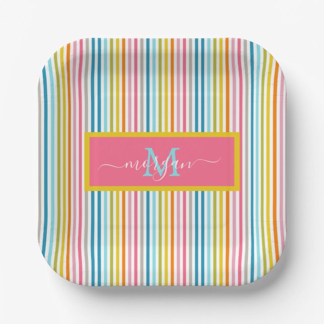 Summer Rainbow Stripes Monogram Script Paper Plate (Front)