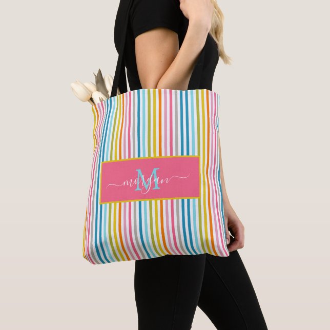 Summer Rainbow Stripes Monogram Script Tote Bag (Close Up)